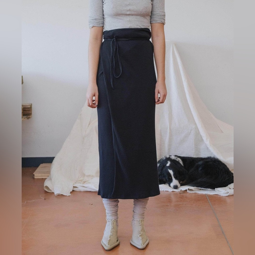 Baserange Brig Skirt Large NWT Black Organic Cotton Ribbed Wrap Midi Skirt